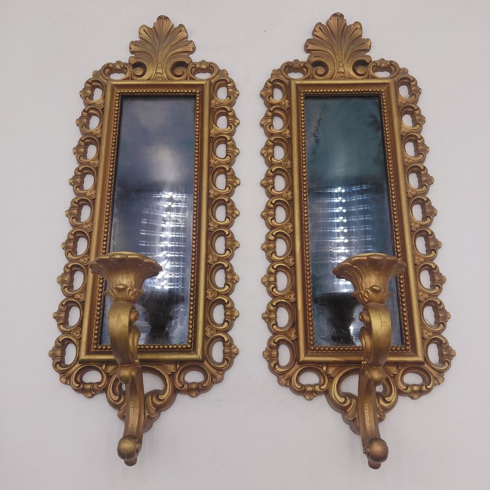 Vtg Homco 2 Gold Wall Sconces Hollywood Regency Smoky Mirror 2332 MCM Candle